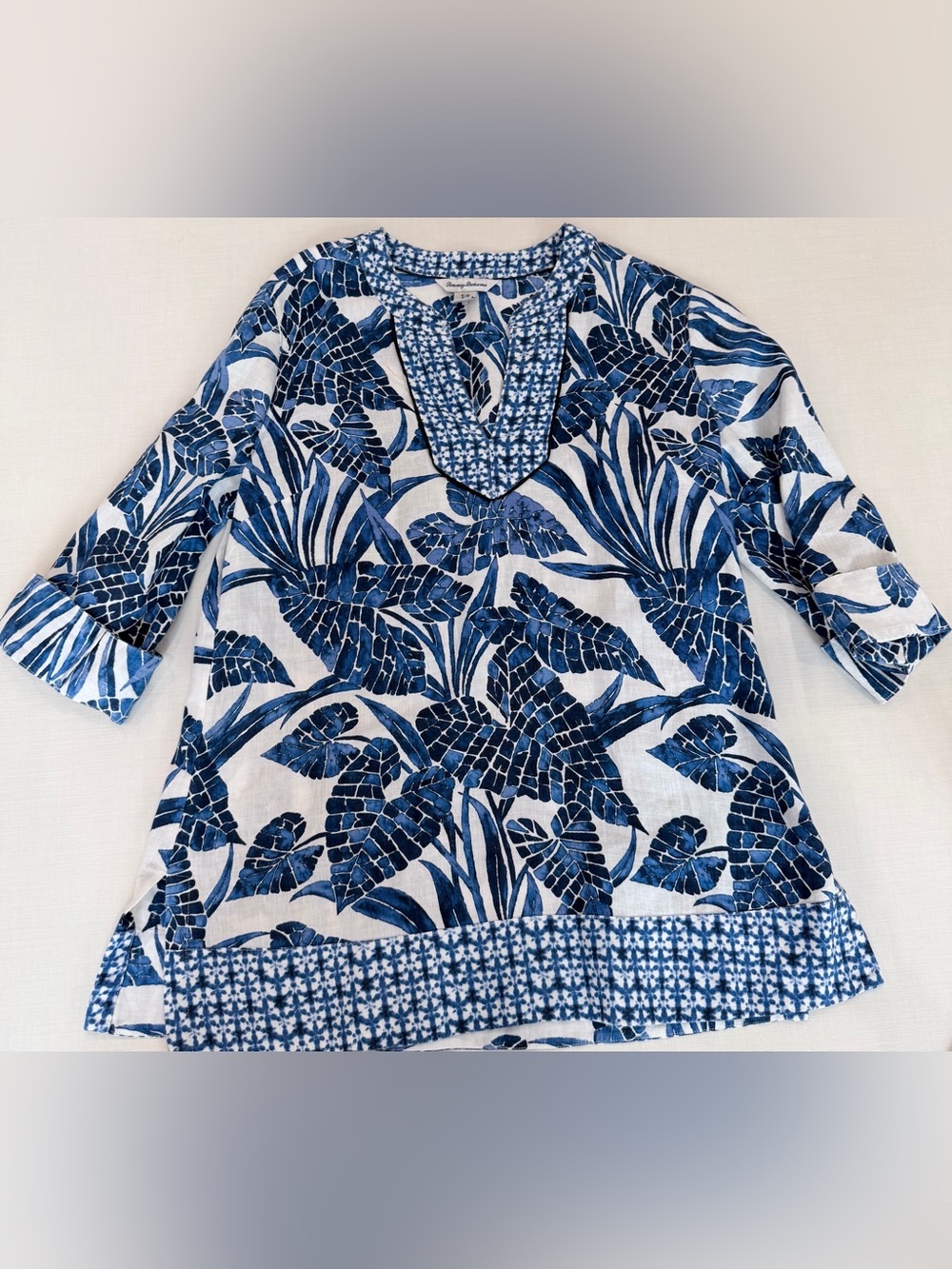 Tommy Bahama Blue & White Linen Tropical Tunic Top Small